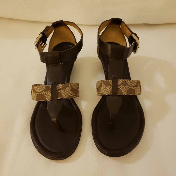 Coach Womens Velvet T-Strap Sandals Brown Beige Signature Thong Mid Heel 6 B New - Picture 7 of 15